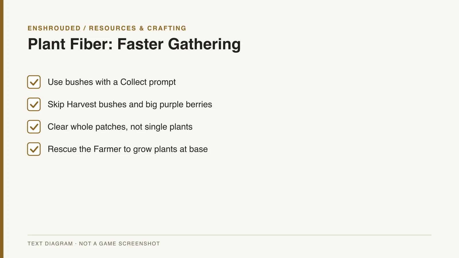 Checklist for gathering Plant Fiber faster in Enshrouded — original text diagram, not a game screenshot.